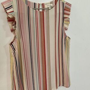 Monteau Cream Multi-Stripe Ruffle Sleeve Blouse